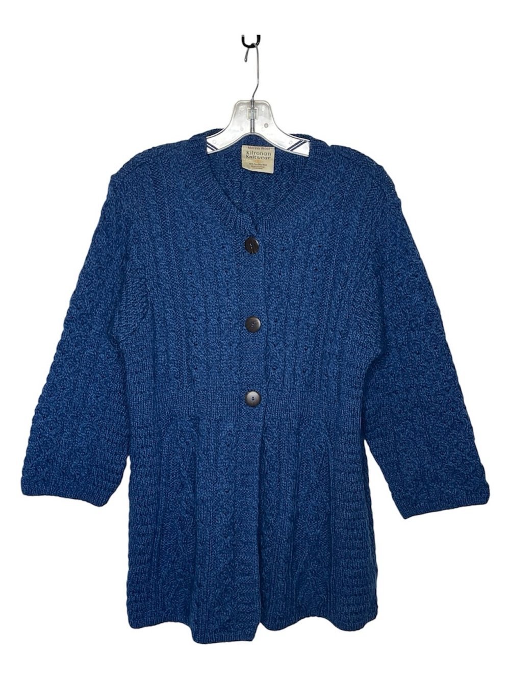 Kilronan Knitwear Ireland Blue Cable-Knit Pure Merino Wool Cardigan Sz L